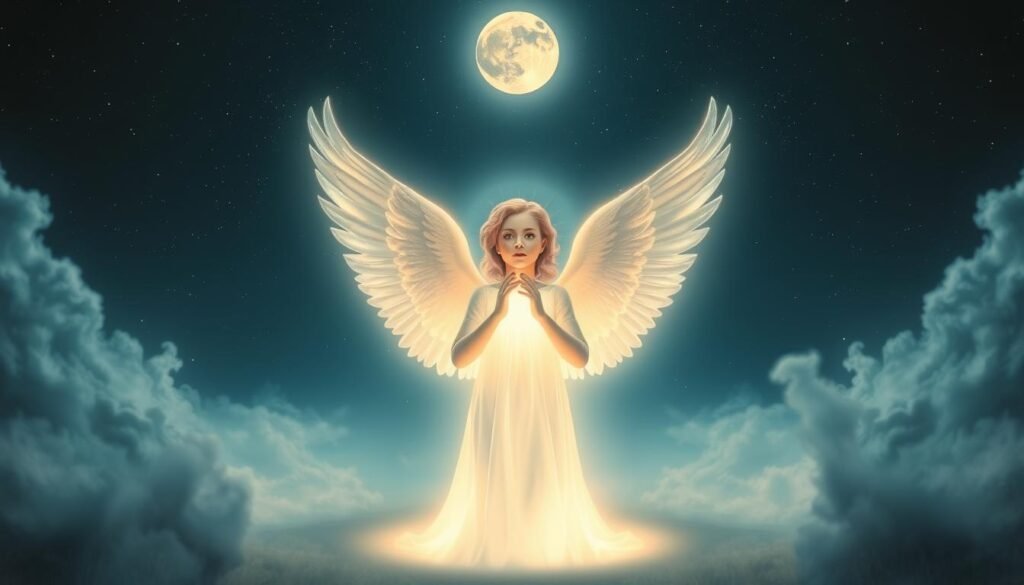 A serene, ethereal landscape with a glowing, luminous angel figure in the center, their wings outstretched and emanating a soft, celestial light. The background features a night sky with twinkling stars and a full moon, creating an aura of spiritual significance. The angel's expression is calm and benevolent, radiating a sense of divine guidance and protection. The overall scene conveys a sense of harmony, enlightenment, and the profound connection between the physical and spiritual realms, reflecting the deeper meaning of the angel number 717. A serene, ethereal landscape with a glowing, luminous angel figure in the center, their wings outstretched and emanating a soft, celestial light. The background features a night sky with twinkling stars and a full moon, creating an aura of spiritual significance. The angel's expression is calm and benevolent, radiating a sense of divine guidance and protection. The overall scene conveys a sense of harmony, enlightenment, and the profound connection between the physical and spiritual realms, reflecting the deeper meaning of the angel number 717.