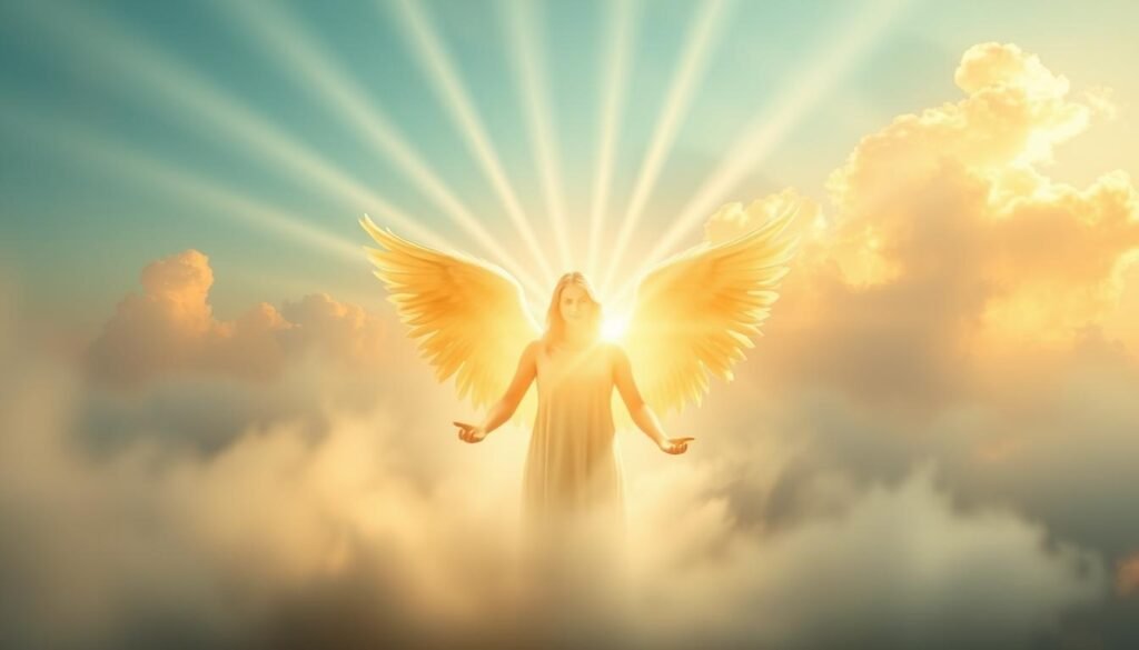 A serene, ethereal scene of angel messages and divine guidance. In the foreground, a luminous angel figure emerges from a soft, glowing mist, extending its hands as if offering guidance. The angel's wings are outstretched, their feathers shimmering with an ethereal light. In the middle ground, beams of golden light radiate outward, creating an atmosphere of spiritual enlightenment. The background is a hazy, dreamlike landscape, with wispy clouds and a warm, celestial glow, suggesting a connection to the divine. The overall mood is one of tranquility, hope, and a sense of spiritual awakening. A serene, ethereal scene of angel messages and divine guidance. In the foreground, a luminous angel figure emerges from a soft, glowing mist, extending its hands as if offering guidance. The angel's wings are outstretched, their feathers shimmering with an ethereal light. In the middle ground, beams of golden light radiate outward, creating an atmosphere of spiritual enlightenment. The background is a hazy, dreamlike landscape, with wispy clouds and a warm, celestial glow, suggesting a connection to the divine. The overall mood is one of tranquility, hope, and a sense of spiritual awakening.