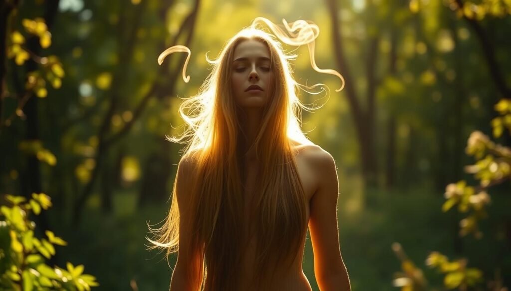 A serene figure stands in a sun-dappled forest, deep in contemplation. Their long, flowing hair cascades down their back, illuminated by warm, ethereal lighting. Soft wisps of smoke curl around the figure, hinting at a spiritual, transformative process. The figure's expression is one of inner peace and clarity, as if they are undergoing a profound personal renewal. The background is filled with verdant foliage and a sense of tranquility, creating a calming, meditative atmosphere. The entire scene evokes a feeling of harmony and self-discovery, capturing the essence of a "dream analysis hair transformation spiritual meaning."