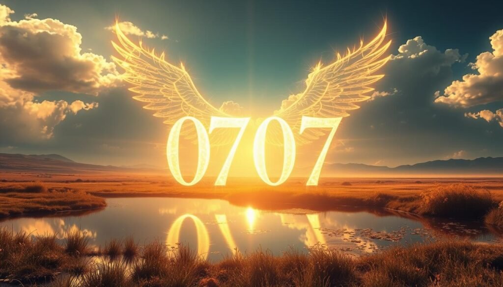 A serene landscape of spiritual enlightenment, bathed in a warm, ethereal glow. In the foreground, a glowing numerical display of the angel number 0707, its digits illuminated by an otherworldly energy. Surrounding the numbers, delicate wisps of light intertwine, guiding the viewer's gaze. In the middle ground, a tranquil pond reflects the celestial display, creating a mirror-like effect. The background features a vast, luminous sky, with clouds that seem to part, revealing a hidden divine wisdom. The overall atmosphere is one of profound mysticism and transcendental guidance, inviting the viewer to unlock the deeper meaning behind the angel number. A serene landscape of spiritual enlightenment, bathed in a warm, ethereal glow. In the foreground, a glowing numerical display of the angel number 0707, its digits illuminated by an otherworldly energy. Surrounding the numbers, delicate wisps of light intertwine, guiding the viewer's gaze. In the middle ground, a tranquil pond reflects the celestial display, creating a mirror-like effect. The background features a vast, luminous sky, with clouds that seem to part, revealing a hidden divine wisdom. The overall atmosphere is one of profound mysticism and transcendental guidance, inviting the viewer to unlock the deeper meaning behind the angel number.