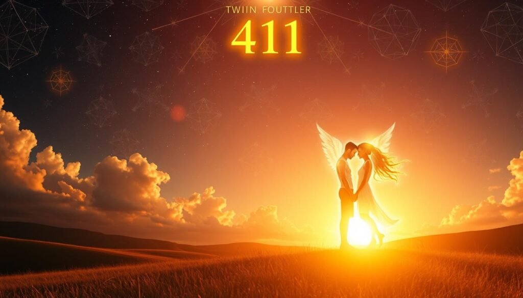 A serene, mystical landscape bathed in a warm, golden light. In the foreground, two intertwined, glowing figures symbolize the union of twin flames, their auras pulsing with a divine energy. The background features a night sky adorned with celestial patterns and the number 411, representing the sacred significance of this angel number in the context of the twin flame journey. Soft, ethereal clouds create a sense of transcendence, while subtle geometric shapes and symbols throughout the composition lend a sense of numerical and spiritual symbolism. The overall atmosphere is one of deep spiritual connection, harmony, and the profound understanding of the twin flame experience. A serene, mystical landscape bathed in a warm, golden light. In the foreground, two intertwined, glowing figures symbolize the union of twin flames, their auras pulsing with a divine energy. The background features a night sky adorned with celestial patterns and the number 411, representing the sacred significance of this angel number in the context of the twin flame journey. Soft, ethereal clouds create a sense of transcendence, while subtle geometric shapes and symbols throughout the composition lend a sense of numerical and spiritual symbolism. The overall atmosphere is one of deep spiritual connection, harmony, and the profound understanding of the twin flame experience.