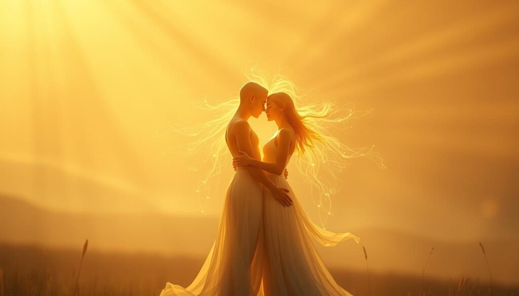 A serene, otherworldly landscape bathed in soft, warm light. In the foreground, two ethereal figures, their essences entwined, radiate a profound spiritual connection. Beams of golden light emanate from their intertwined forms, symbolizing the divine guidance and cosmic synchronicity of twin flames. In the middle ground, wisps of ethereal energy swirl, hinting at the metaphysical currents that bind these souls. The background fades into a hazy, dreamlike realm, evoking a sense of timelessness and the infinite nature of the twin flame journey. Lens: wide, slightly angled. Lighting: heavenly, diffuse. Mood: transcendent, mystical. A serene, otherworldly landscape bathed in soft, warm light. In the foreground, two ethereal figures, their essences entwined, radiate a profound spiritual connection. Beams of golden light emanate from their intertwined forms, symbolizing the divine guidance and cosmic synchronicity of twin flames. In the middle ground, wisps of ethereal energy swirl, hinting at the metaphysical currents that bind these souls. The background fades into a hazy, dreamlike realm, evoking a sense of timelessness and the infinite nature of the twin flame journey. Lens: wide, slightly angled. Lighting: heavenly, diffuse. Mood: transcendent, mystical.