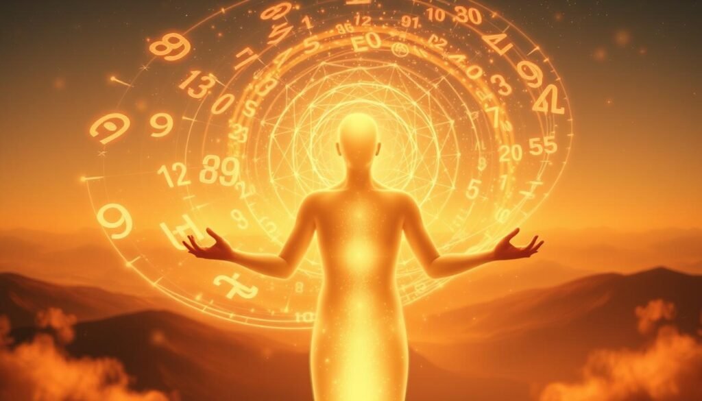 A serene scene of spiritual awakening and numerical guidance. In the foreground, a glowing, translucent figure representing the divine essence, their hands outstretched, palms facing upward, emitting radiant energy. Surrounding them, a swirling vortex of luminous numbers and geometric shapes, symbolizing the universal language of numerology and its power to illuminate one's path. In the background, a vast, ethereal landscape, with distant mountains and a glowing celestial sky, evoking a sense of boundless possibility and transcendence. Warm, diffused lighting bathes the scene, creating a sense of tranquility and inner illumination. Captured with a wide-angle lens to encompass the expansive, mystical nature of the subject matter. A serene scene of spiritual awakening and numerical guidance. In the foreground, a glowing, translucent figure representing the divine essence, their hands outstretched, palms facing upward, emitting radiant energy. Surrounding them, a swirling vortex of luminous numbers and geometric shapes, symbolizing the universal language of numerology and its power to illuminate one's path. In the background, a vast, ethereal landscape, with distant mountains and a glowing celestial sky, evoking a sense of boundless possibility and transcendence. Warm, diffused lighting bathes the scene, creating a sense of tranquility and inner illumination. Captured with a wide-angle lens to encompass the expansive, mystical nature of the subject matter.