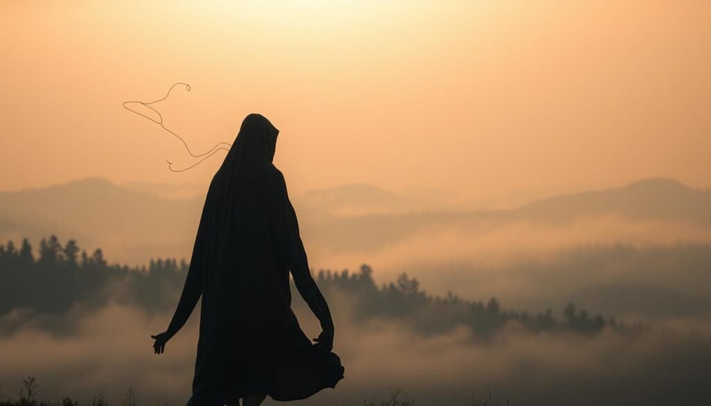 A spiritual realm dream landscape, ethereal and mystical. In the foreground, a figure cloaked in flowing robes hovers, their face obscured in shadow. Wispy tendrils of energy emanate from their form, connecting to the swirling mists that fill the middle ground. Distant silhouettes of trees and mountains fade into a hazy horizon, bathed in a soft, otherworldly glow. The lighting is subtle and diffuse, creating an atmosphere of introspection and inner exploration. The scene evokes a sense of the subconscious, the blurred line between waking and dreaming, and the hidden meanings that lie within the symbolic language of the unconscious mind.