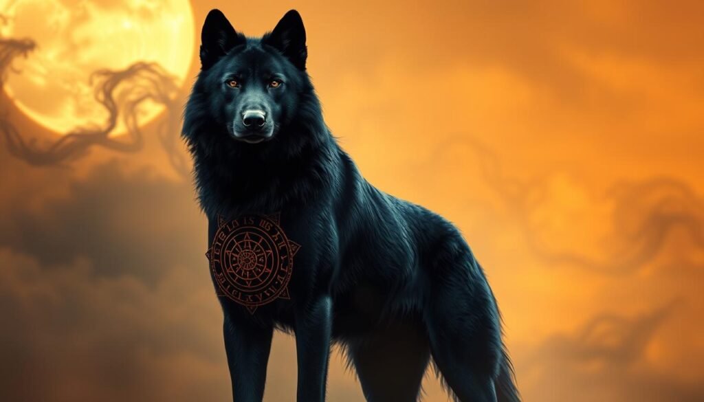 A striking black wolf, its fur reflecting the moonlight, stands tall and proud against a backdrop of swirling, ethereal mist. In the foreground, intricate patterns and symbols of cultural significance – spirals, runes, and ancient iconography – are etched into the wolf's body, symbolizing its deep connection to the spiritual realm. The scene is illuminated by a warm, golden glow, creating an atmosphere of mysticism and reverence. The wolf's piercing gaze captivates the viewer, conveying a sense of wisdom, strength, and the duality of the natural and supernatural worlds. A striking black wolf, its fur reflecting the moonlight, stands tall and proud against a backdrop of swirling, ethereal mist. In the foreground, intricate patterns and symbols of cultural significance – spirals, runes, and ancient iconography – are etched into the wolf's body, symbolizing its deep connection to the spiritual realm. The scene is illuminated by a warm, golden glow, creating an atmosphere of mysticism and reverence. The wolf's piercing gaze captivates the viewer, conveying a sense of wisdom, strength, and the duality of the natural and supernatural worlds.