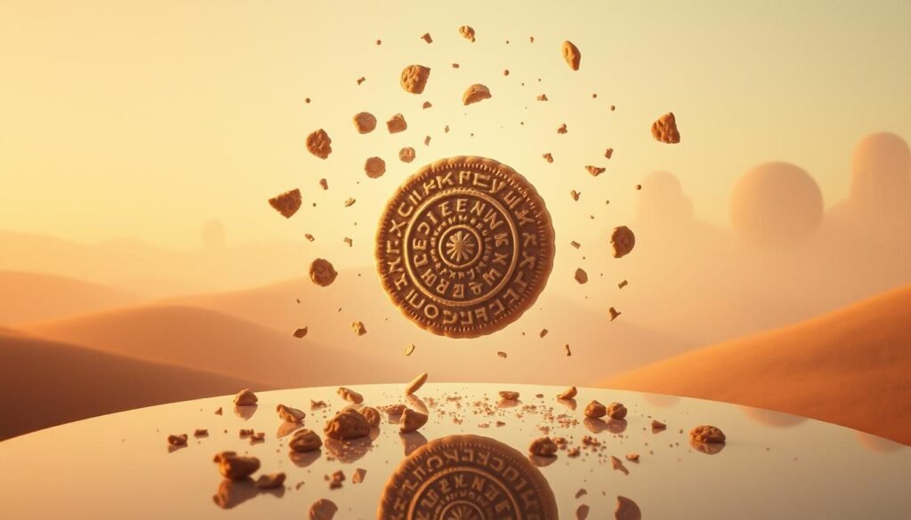 A surreal dreamscape with symbolic cookie imagery, illuminated by a warm, diffused light. In the foreground, a giant, ethereal cookie hovers, its surface adorned with intricate patterns and glowing runes. Floating around it, a swarm of smaller cookie fragments drift, each one a unique and fantastical design. In the middle ground, a mirrored surface reflects the cookie's dreamlike essence, distorting and multiplying the imagery. In the background, a hazy, pastel-colored landscape unfolds, with rolling hills and abstract shapes that evoke a sense of the subconscious. The overall atmosphere is one of wonder, mystery, and the blending of the real and the imagined. A surreal dreamscape with symbolic cookie imagery, illuminated by a warm, diffused light. In the foreground, a giant, ethereal cookie hovers, its surface adorned with intricate patterns and glowing runes. Floating around it, a swarm of smaller cookie fragments drift, each one a unique and fantastical design. In the middle ground, a mirrored surface reflects the cookie's dreamlike essence, distorting and multiplying the imagery. In the background, a hazy, pastel-colored landscape unfolds, with rolling hills and abstract shapes that evoke a sense of the subconscious. The overall atmosphere is one of wonder, mystery, and the blending of the real and the imagined.