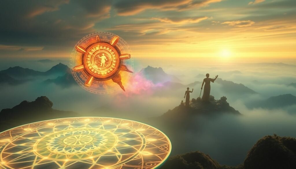 A surreal, visionary landscape reflecting the interplay of cultural, spiritual, and psychological symbolism. In the foreground, a glowing, geometric mandala radiates ethereal energy, its intricate patterns mirroring the subconscious. Floating in the middle ground, ancient archetypes and totemic figures emerge from a mist of vibrant, otherworldly hues. In the distant background, a mysterious horizon blends the physical and metaphysical, hinting at the unity of the material and the mystical. Soft, diffused lighting imbues the scene with a sense of tranquility and contemplation, inviting the viewer to explore the depths of the subconscious mind.
