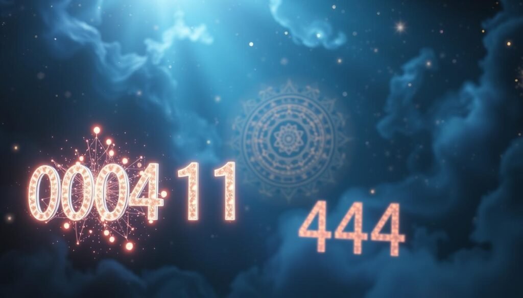 A surreal, visually striking depiction of spiritual number sequences. In the foreground, a cluster of glowing, ethereal numbers - 000, 111, 333, 444 - float ethereally, radiating an otherworldly luminescence. In the middle ground, intricate geometric patterns and mandalas swirl and intertwine, representing the interconnected nature of the divine. The background is a mysterious, shadowy realm of deep blues and purples, with shimmering stars and galaxies hinting at the cosmic, mystical origins of these numerical symbols. Soft, diffused lighting bathes the scene, creating an atmosphere of tranquility and contemplation. The overall composition evokes a sense of wonder, inviting the viewer to ponder the hidden meanings and significance of these sacred numerical patterns. A surreal, visually striking depiction of spiritual number sequences. In the foreground, a cluster of glowing, ethereal numbers - 000, 111, 333, 444 - float ethereally, radiating an otherworldly luminescence. In the middle ground, intricate geometric patterns and mandalas swirl and intertwine, representing the interconnected nature of the divine. The background is a mysterious, shadowy realm of deep blues and purples, with shimmering stars and galaxies hinting at the cosmic, mystical origins of these numerical symbols. Soft, diffused lighting bathes the scene, creating an atmosphere of tranquility and contemplation. The overall composition evokes a sense of wonder, inviting the viewer to ponder the hidden meanings and significance of these sacred numerical patterns.