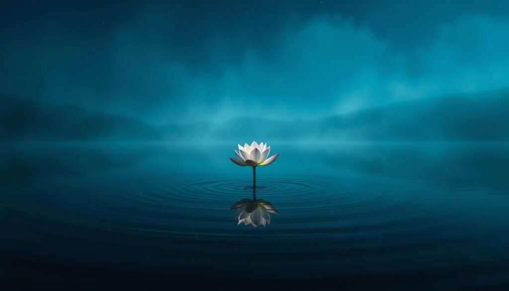 A tranquil lake, its surface reflecting the night sky like a mirror. Ethereal wisps of mist drift across the water, evoking a sense of dreamlike serenity. In the center, a single lotus flower blooms, its delicate petals unfurling to reveal the ever-flowing cycle of life. The surrounding landscape is shrouded in a soft, hazy light, creating an atmosphere of contemplation and introspection. This image symbolizes the depth and fluidity of the subconscious, where the symbolism of water in dreams can manifest as a source of cleansing, renewal, or even emotional turmoil. The overall scene evokes a sense of calm and introspection, inviting the viewer to ponder the hidden meanings that lie beneath the surface of the dream world.