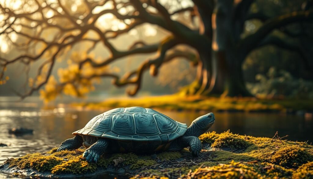 A tranquil scene of a turtle resting on a mossy riverbank, illuminated by warm, ethereal light. In the background, a majestic oak tree stands tall, its branches casting soft shadows. The turtle's shell reflects the intricate patterns of nature, hinting at the profound spiritual significance it holds in biblical dreams. A sense of calm and contemplation pervades the image, inviting the viewer to ponder the turtle's symbolic meaning as a vessel of wisdom, longevity, and the cyclical nature of life. The composition is balanced, with the turtle positioned centrally, creating a meditative focal point. The overall atmosphere is one of serene contemplation, encouraging a deeper understanding of the turtle's biblical and spiritual symbolism.