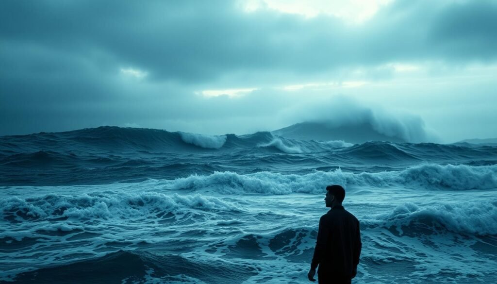 A vast, turbulent ocean dominates the frame, its waves crashing and surging with primal power. In the foreground, a solitary figure stands, their face etched with a mix of awe and trepidation, as if caught in the throes of a vivid, emotional dream. The sky above is a moody blend of grays and blues, the light filtered and diffused, creating a sense of ethereal, dreamlike quality. In the distance, the silhouette of a towering tsunami wave looms, a harbinger of both destruction and transformation. The overall composition conveys a powerful and evocative symbol of the human experience, where the subconscious and the natural world intersect in a captivating, emotional interplay.