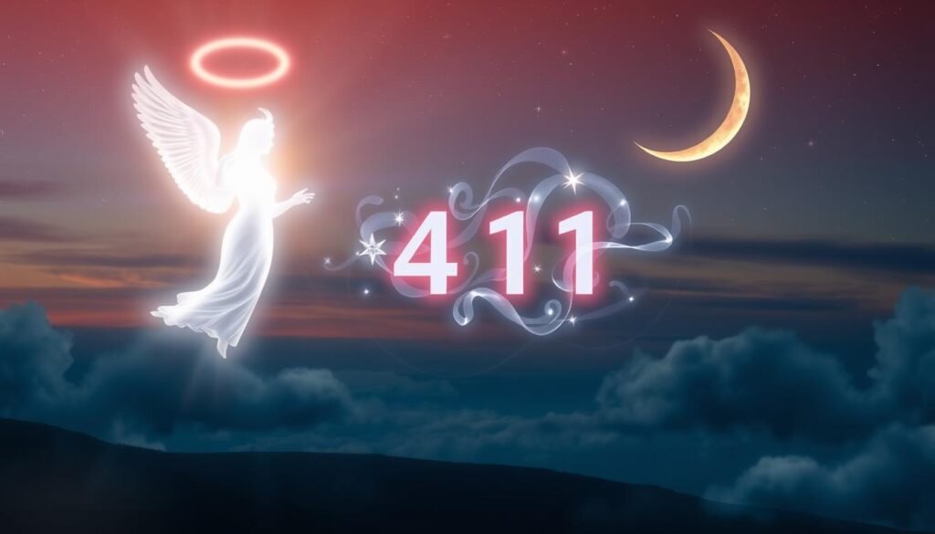 A visually striking depiction of angel number symbolism, showcasing a serene celestial landscape. In the foreground, a glowing, ethereal angel figure emerges, radiating divine energy. The angel's wings are outstretched, casting a soft, angelic light across the scene. In the middle ground, a series of numeric symbols representing the "411" angel number float gently, surrounded by swirling, luminous energy. The background depicts a twilight sky, with glimmering stars and a crescent moon casting a warm, mystical glow. The overall atmosphere is one of spiritual enlightenment, guidance, and a connection to the divine. A visually striking depiction of angel number symbolism, showcasing a serene celestial landscape. In the foreground, a glowing, ethereal angel figure emerges, radiating divine energy. The angel's wings are outstretched, casting a soft, angelic light across the scene. In the middle ground, a series of numeric symbols representing the "411" angel number float gently, surrounded by swirling, luminous energy. The background depicts a twilight sky, with glimmering stars and a crescent moon casting a warm, mystical glow. The overall atmosphere is one of spiritual enlightenment, guidance, and a connection to the divine.