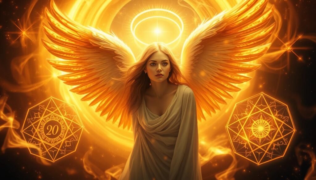 An ethereal divine guidance angel with luminous wings and a halo, bathed in warm celestial light, hovering amidst a swirling vortex of mystic energy and abstract geometric patterns representing sacred numerical symbols. The angel's expression is serene and benevolent, emanating an aura of transcendent wisdom and spiritual insight. The overall composition conveys a sense of profound connection to the divine and the transformative power of angel numbers to provide spiritual direction. An ethereal divine guidance angel with luminous wings and a halo, bathed in warm celestial light, hovering amidst a swirling vortex of mystic energy and abstract geometric patterns representing sacred numerical symbols. The angel's expression is serene and benevolent, emanating an aura of transcendent wisdom and spiritual insight. The overall composition conveys a sense of profound connection to the divine and the transformative power of angel numbers to provide spiritual direction.