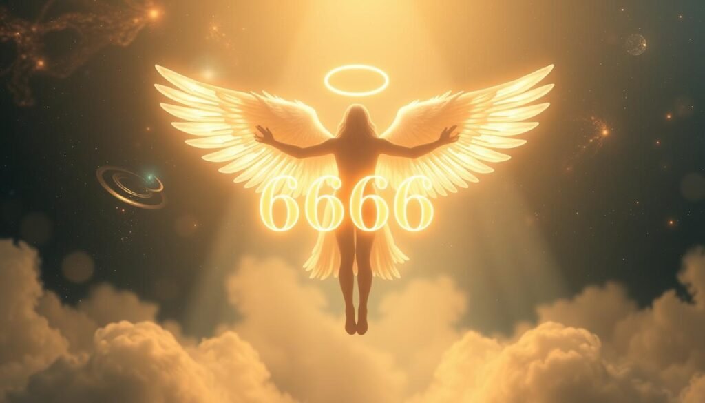 An ethereal, luminous angelic figure hovers in the foreground, their wings outstretched and emanating a soft, heavenly glow. In the middle ground, a cluster of glowing numerals - 6666 - float in a hazy, dreamlike atmosphere, symbolizing the divine connection and spiritual guidance of the angel number. The background is a serene, cosmic landscape filled with swirling galaxies, nebulae, and celestial bodies, evoking a sense of the infinite and the divine. The lighting is soft and diffuse, creating a tranquil, contemplative mood. The camera angle is slightly elevated, allowing the viewer to gaze up at the angelic presence, emphasizing its transcendent, spiritual nature.