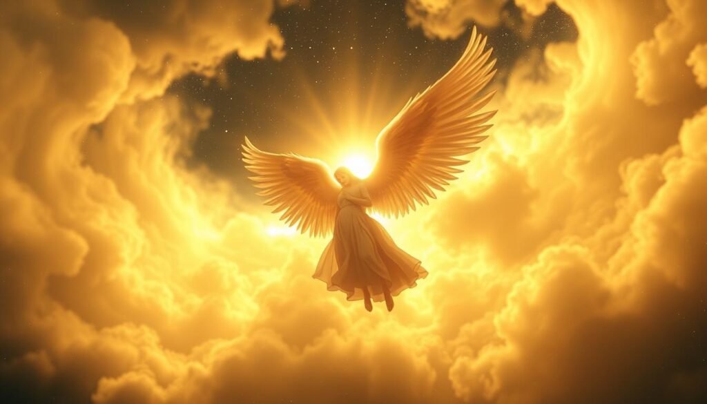 Angelic ethereal scene with radiant celestial light. Majestic winged figures hovering in a swirling cloud of glowing energy, casting a warm, ethereal glow. In the background, a starry night sky with shimmering constellations. Soft, diffused lighting illuminates the angelic forms, creating an aura of mystery and transcendence. The composition is balanced, with the angelic figures occupying the central focus, surrounded by an otherworldly, luminous atmosphere. The overall mood is one of spiritual enlightenment, guidance, and the profound significance of angel numbers. Angelic ethereal scene with radiant celestial light. Majestic winged figures hovering in a swirling cloud of glowing energy, casting a warm, ethereal glow. In the background, a starry night sky with shimmering constellations. Soft, diffused lighting illuminates the angelic forms, creating an aura of mystery and transcendence. The composition is balanced, with the angelic figures occupying the central focus, surrounded by an otherworldly, luminous atmosphere. The overall mood is one of spiritual enlightenment, guidance, and the profound significance of angel numbers.