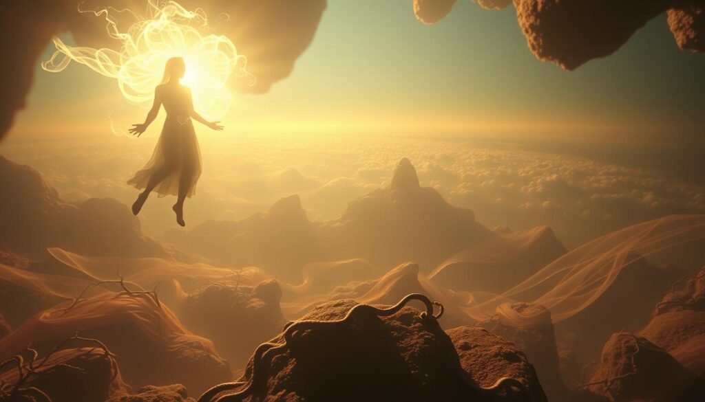 Ethereal dreamscape of the subconscious mind, awash in spiritual themes. In the foreground, a figure floats weightlessly, their features obscured by an otherworldly glow. Luminous wisps of energy dance around them, hinting at the mystical forces at play. The middle ground reveals a landscape of surreal, organic forms - twisting vines, flowing ribbons of light, and amorphous shapes that defy earthly logic. In the distance, a horizon of shimmering, translucent layers creates a sense of depth and mystery. The lighting is soft and diffuse, casting a serene, contemplative atmosphere. Captured through a wide-angle lens, the composition embraces the grandeur and expansiveness of the subconscious realm.