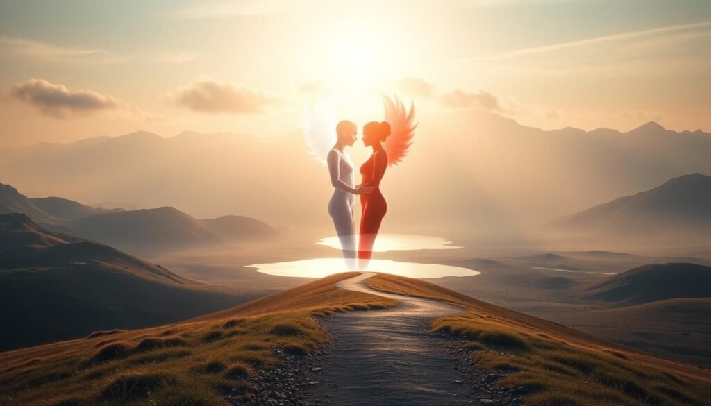 Spiritual duality guidance: A serene, ethereal landscape with a central figure symbolizing the twin flame connection. In the foreground, two glowing, intertwined figures, one light and one dark, representing the yin-yang balance of the spiritual bond. Soft, diffused lighting casts a warm, contemplative glow. The middle ground features a winding path leading to a tranquil lake, mirroring the harmonious duality. In the distance, a majestic mountain range stands as a backdrop, conveying the profound, timeless nature of the spiritual journey. The overall atmosphere is one of introspection, wholeness, and the profound intersection of the physical and metaphysical realms. Spiritual duality guidance: A serene, ethereal landscape with a central figure symbolizing the twin flame connection. In the foreground, two glowing, intertwined figures, one light and one dark, representing the yin-yang balance of the spiritual bond. Soft, diffused lighting casts a warm, contemplative glow. The middle ground features a winding path leading to a tranquil lake, mirroring the harmonious duality. In the distance, a majestic mountain range stands as a backdrop, conveying the profound, timeless nature of the spiritual journey. The overall atmosphere is one of introspection, wholeness, and the profound intersection of the physical and metaphysical realms.