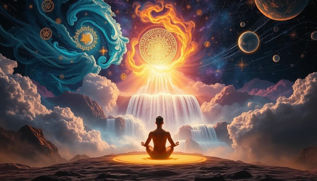 Surreal landscape of spiritual transformation dreams interpretation. In the foreground, a person sits in a meditative pose, their body glowing with an ethereal light. Surrounding them, swirling clouds of energy, symbols, and abstract shapes in shades of blue, purple, and gold. In the middle ground, a cascading waterfall of vivid colors and flowing forms, representing the subconscious mind. In the background, a night sky filled with celestial bodies and cosmic patterns, suggesting the interconnectedness of the physical and spiritual realms. Warm, soft lighting illuminates the scene, creating a sense of tranquility and introspection. Captured with a wide-angle lens to emphasize the vastness and depth of the dreamscape.