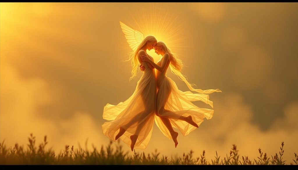 Two ethereal figures, their souls intertwined in a harmonious dance, bathed in a warm, golden glow. Celestial rays of light emanate from their embrace, symbolizing the profound connection of twin flames. The figures levitate amidst a serene, otherworldly landscape, their delicate features reflecting the profound spiritual union between them. Soft, diffused lighting illuminates the scene, creating an atmosphere of tranquility and transcendence. The overall composition conveys a sense of deep, unwavering love, transcending the physical realm and guiding the viewer towards a higher plane of understanding. Two ethereal figures, their souls intertwined in a harmonious dance, bathed in a warm, golden glow. Celestial rays of light emanate from their embrace, symbolizing the profound connection of twin flames. The figures levitate amidst a serene, otherworldly landscape, their delicate features reflecting the profound spiritual union between them. Soft, diffused lighting illuminates the scene, creating an atmosphere of tranquility and transcendence. The overall composition conveys a sense of deep, unwavering love, transcending the physical realm and guiding the viewer towards a higher plane of understanding.