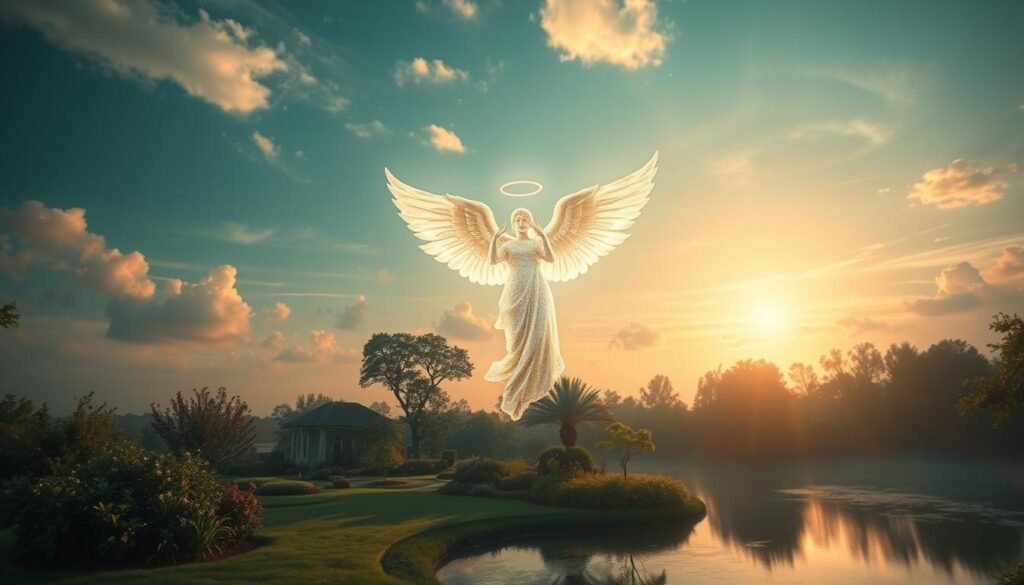 A serene, ethereal landscape where the divine presence of angel number 1111 is revealed. In the foreground, a shimmering, translucent angel hovers, its wings outstretched in a gesture of blessing and guidance. The middle ground features a peaceful, secluded garden with lush, verdant foliage and a tranquil pond reflecting the celestial light. In the background, a celestial sky with soft, diffused clouds and a warm, golden glow, creating an atmosphere of profound spiritual connection and divine intervention. The lighting is soft and diffused, with a sense of otherworldly luminescence. The lens captures the scene with a wide angle, allowing the viewer to fully immerse themselves in the transcendent experience. A serene, ethereal landscape where the divine presence of angel number 1111 is revealed. In the foreground, a shimmering, translucent angel hovers, its wings outstretched in a gesture of blessing and guidance. The middle ground features a peaceful, secluded garden with lush, verdant foliage and a tranquil pond reflecting the celestial light. In the background, a celestial sky with soft, diffused clouds and a warm, golden glow, creating an atmosphere of profound spiritual connection and divine intervention. The lighting is soft and diffused, with a sense of otherworldly luminescence. The lens captures the scene with a wide angle, allowing the viewer to fully immerse themselves in the transcendent experience.