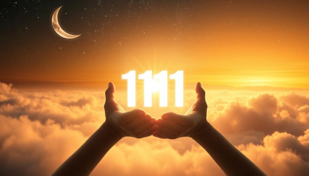 A serene, ethereal landscape with a soft, glowing energy. In the foreground, a pair of angelic hands holding a radiant number "1111", symbolizing the significance of this numerological sign. The middle ground features a tranquil, cloud-like mist, imbued with a subtle iridescent shimmer. In the background, a starry sky with a crescent moon casts a warm, celestial glow, creating an atmosphere of spiritual awakening and higher consciousness. The lighting is gentle, almost dreamlike, with a focus on the central number, which seems to emanate a divine luminescence. The overall composition evokes a sense of harmony, enlightenment, and connection to the divine. A serene, ethereal landscape with a soft, glowing energy. In the foreground, a pair of angelic hands holding a radiant number "1111", symbolizing the significance of this numerological sign. The middle ground features a tranquil, cloud-like mist, imbued with a subtle iridescent shimmer. In the background, a starry sky with a crescent moon casts a warm, celestial glow, creating an atmosphere of spiritual awakening and higher consciousness. The lighting is gentle, almost dreamlike, with a focus on the central number, which seems to emanate a divine luminescence. The overall composition evokes a sense of harmony, enlightenment, and connection to the divine.