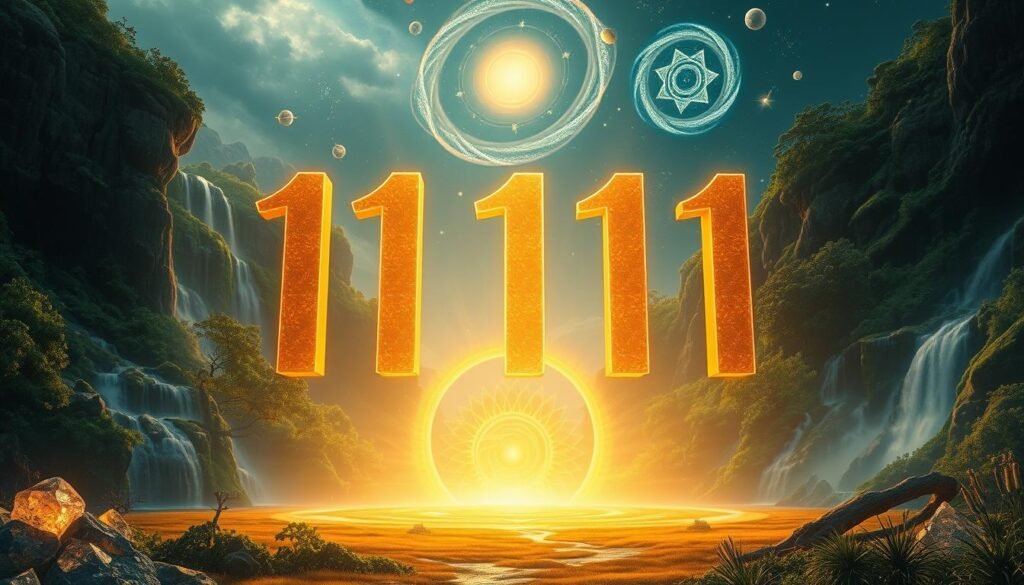 A serene, ethereal landscape with the number "1111" prominently displayed in the center, bathed in a warm, golden light. In the foreground, a mystical portal or gateway swirls with energy, hinting at a deeper connection to the spiritual realm. The middle ground is filled with natural elements like glowing crystals, cascading waterfalls, and lush, verdant foliage, creating a sense of tranquility and balance. In the background, celestial bodies and cosmic swirls of energy dance across the sky, suggesting a larger, cosmic significance to the 1111 synchronicity. The overall atmosphere is one of wonder, introspection, and a profound sense of harmony with the universe. A serene, ethereal landscape with the number "1111" prominently displayed in the center, bathed in a warm, golden light. In the foreground, a mystical portal or gateway swirls with energy, hinting at a deeper connection to the spiritual realm. The middle ground is filled with natural elements like glowing crystals, cascading waterfalls, and lush, verdant foliage, creating a sense of tranquility and balance. In the background, celestial bodies and cosmic swirls of energy dance across the sky, suggesting a larger, cosmic significance to the 1111 synchronicity. The overall atmosphere is one of wonder, introspection, and a profound sense of harmony with the universe.